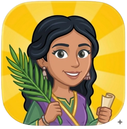 A figure holding a palm and a scroll — learning through writing